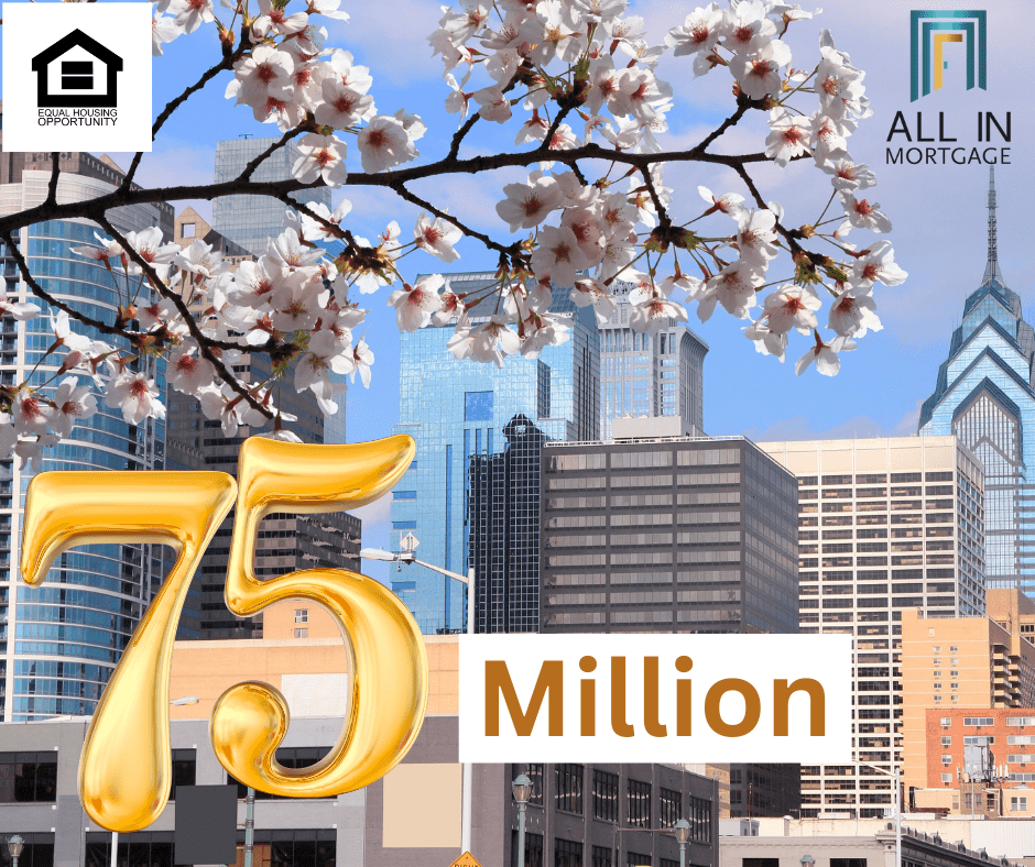 The logo of 75 million with flowers with a city in the background