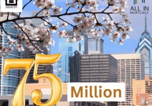 The logo of 75 million with flowers with a city in the background