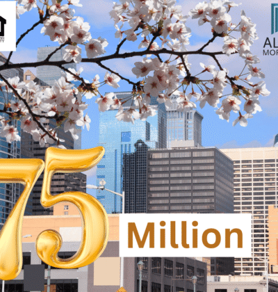 The logo of 75 million with flowers with a city in the background